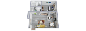 One Bedroom, One Bathroom floor plan rendering
