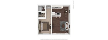 A floor plan of a one bedroom one bathroom apartment with 726 square feet.