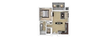 A 3D floor plan of the One Bedroom One Bathroom A