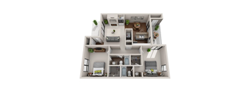 A 3D floor plan of an apartment home.