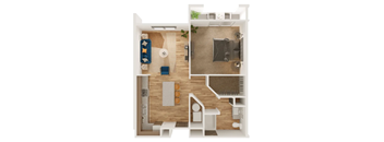 A 3D floor plan of a small apartment with a kitchen, living room, and bathroom.
