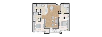 A colorized 2D floor plan of an apartment home.