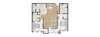 A colorized 2D floor plan of an apartment home.