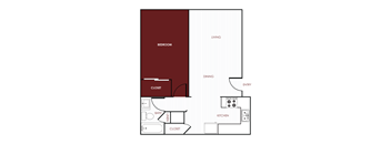 A red and white 2D floor plan of an apartment home.