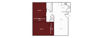A red and white 2D floor plan of an apartment home.