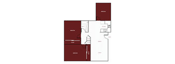 A red and white 2D floor plan of an apartment home.