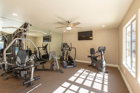 A spacious gym with a variety of equipment including treadmills, elliptical machines, and weight machines.