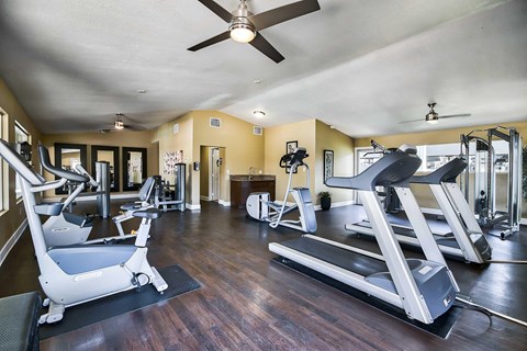 A spacious gym with treadmills, elliptical machines, and a fan.
