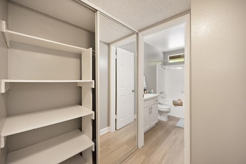 An overview of the bathroom and closet area. The closet is sliding mirrored doors with built in shelving and the bathroom has quartz countertops and a tub shower combo.