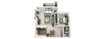 A top-down view of a small apartment with a kitchen, living room, and bedroom.
