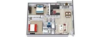 A 3D floor plan of an apartment home.