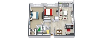 A 3D floor plan of an apartment home.