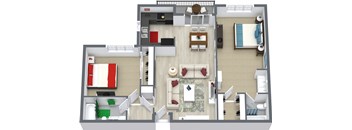 A 3D floor plan of an apartment home.