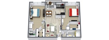 A 3D floor plan of an apartment home.