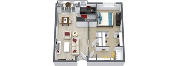A 3D floor plan of an apartment home.