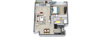 A top-down view of a living room, kitchen, and dining area.