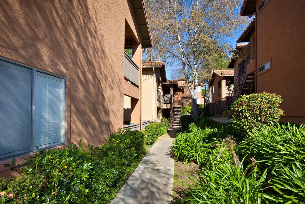 a view of the pathway between the buildings at the whispering winds apartments in pearland, tx