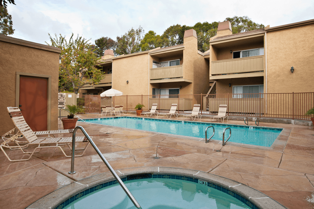 our apartments have a large pool and lounge chairs