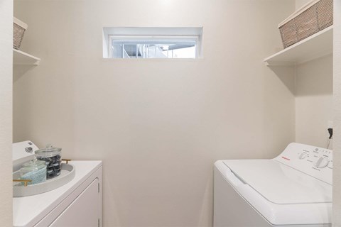 A small laundry room with a washer and dryer.