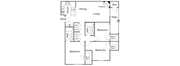 A black and white 2D floor plan of an apartment home.