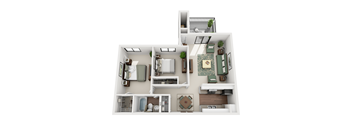 A 3D floor plan of a house with a kitchen, living room, and bathroom.