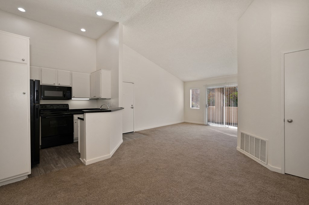 Living  dining and kitchen areas with patio