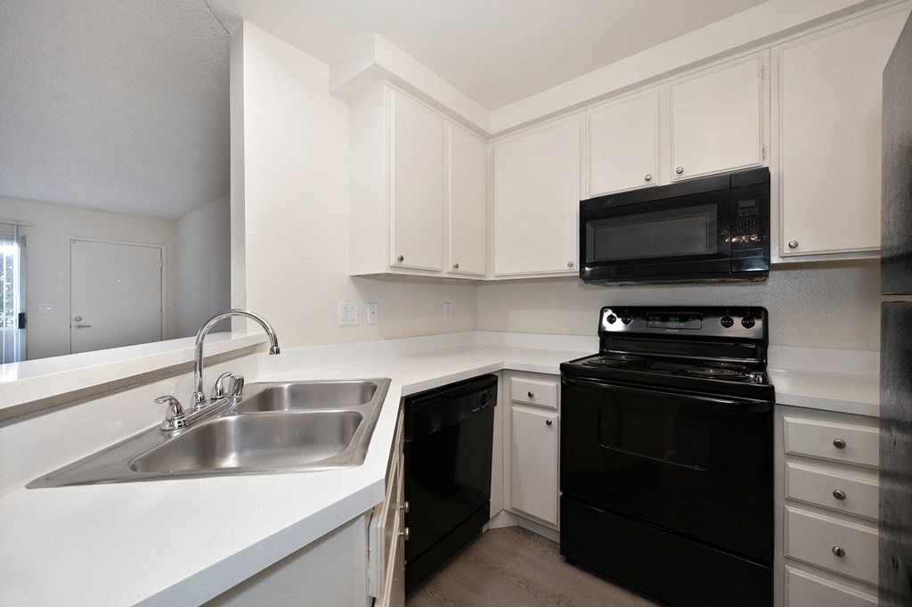 Kitchen area with stainless steel sink and black appliances