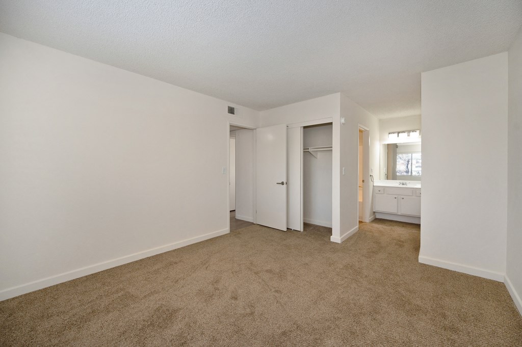 Bedroom interior with vanity and large closet