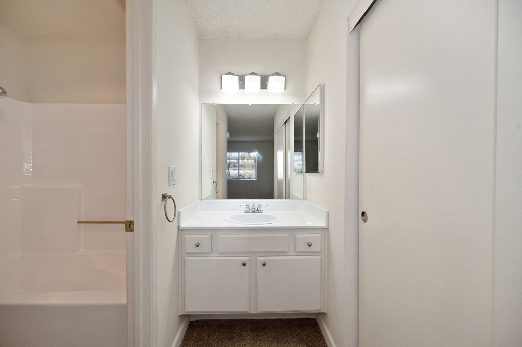 Vanity area with sink and lighted mirror