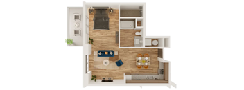 A top-down view of a small apartment layout with a kitchen, living room, and bathroom.