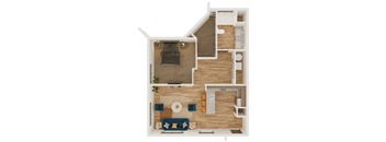 A top-down view of a house layout with a living room, kitchen, and bathroom.