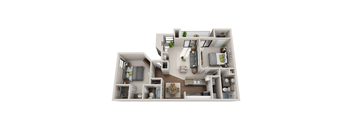 A 3D floor plan of an apartment home.