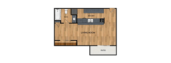A floor plan of a living space with a kitchen, bathroom, and living room.
