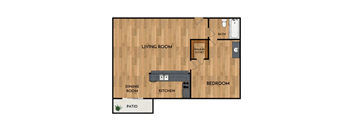 A floor plan of a house with a living room, dining room, kitchen, bedroom, and patio.