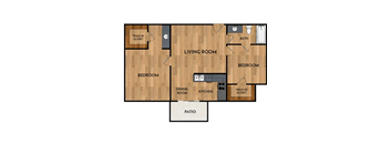 A floor plan of a house with a living room, two bedrooms, a kitchen, a dining room, and a patio.