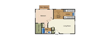 A floor plan of a house with a patio, bedroom, living room, kitchen, and bathroom.