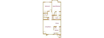 A floor plan of a house with a living room, dining room, kitchen, two bedrooms, a master bedroom, and bathrooms.
