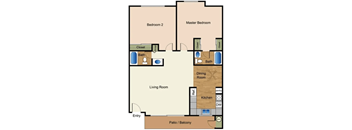 A floor plan of a house with a living room, kitchen, two bathrooms, and two bedrooms.