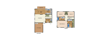 A floor plan of a house with a large patio, two bedrooms, a living room, a dining room, a kitchen, a master bath, and two car garages.