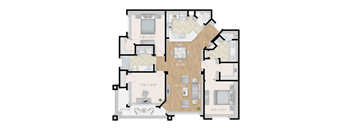 A colorized 2D floor plan of an apartment home.