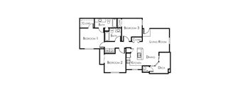 A black and white image of a house floor plan with three bedrooms, a living room, a dining area, a kitchen, a deck, and a storage area.