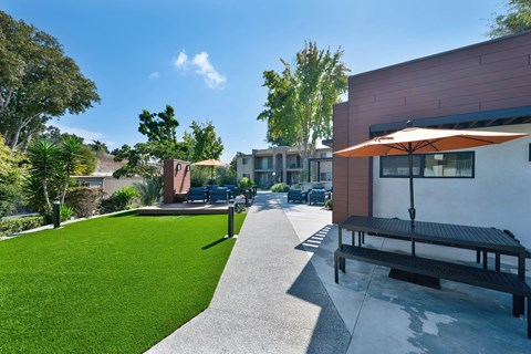 The exterior area with grass and seating areas.