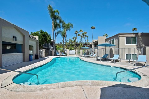 A swimming pool surrounded by lounge chairs and palm trees.