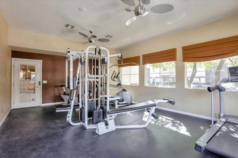 A home gym with a treadmill, elliptical trainer, and a weight machine.
