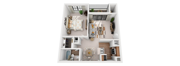 A 3D floor plan of an apartment home.
