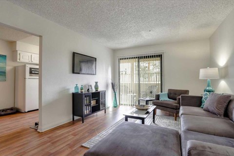 A living room with a grey couch and a wooden floor.