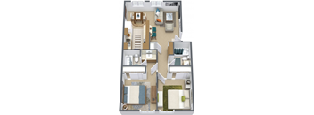A top-down view of a small apartment with a living room, kitchen, and two bedrooms.