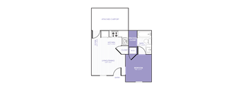 A 2D purple, white, and black floor plan of an apartment home.