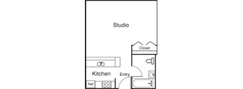 A black and white floor plan of a studio apartment with a kitchen and a closet.