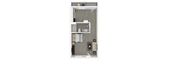 A top-down view of a small apartment with a bedroom, living room, and kitchen.